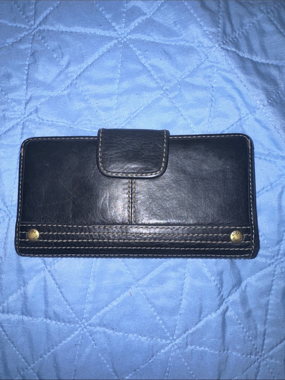 Fossil Black Leather Snap Wallet with Brass Accents